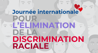 Text: International Day for the Elimination of Racial Discrimination. Image: heads of people in black and white back up the background. There are 2 hearts by the text.